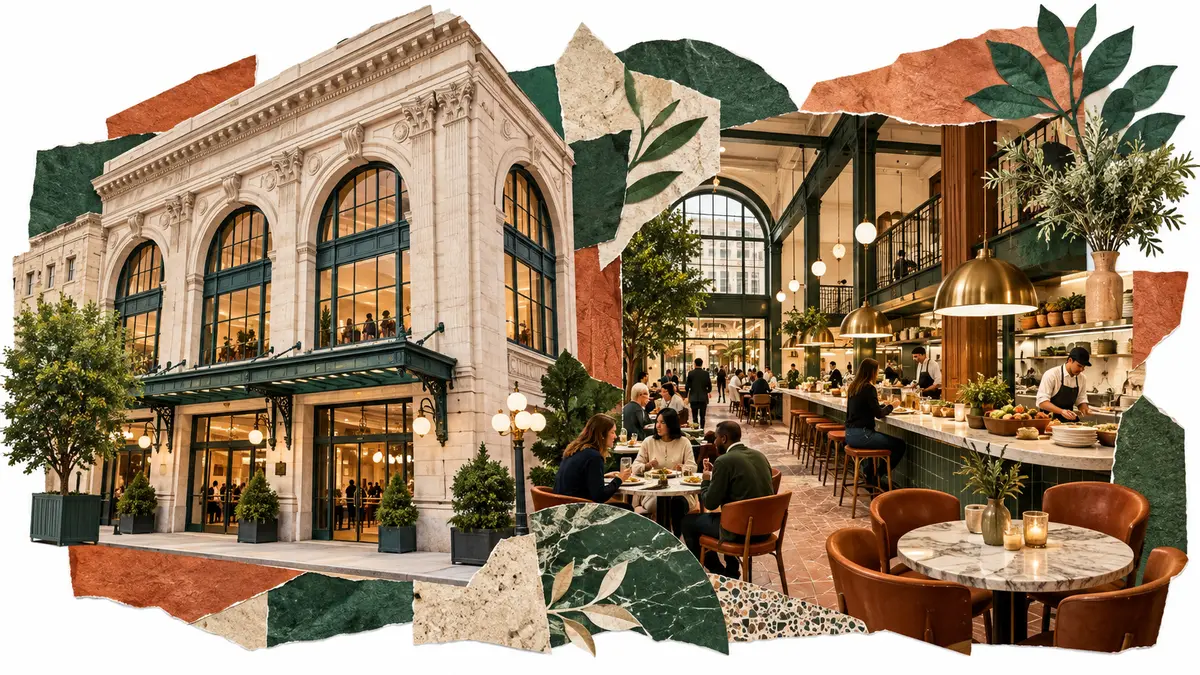 Dining in a historic building Historic storefront and food hall dining